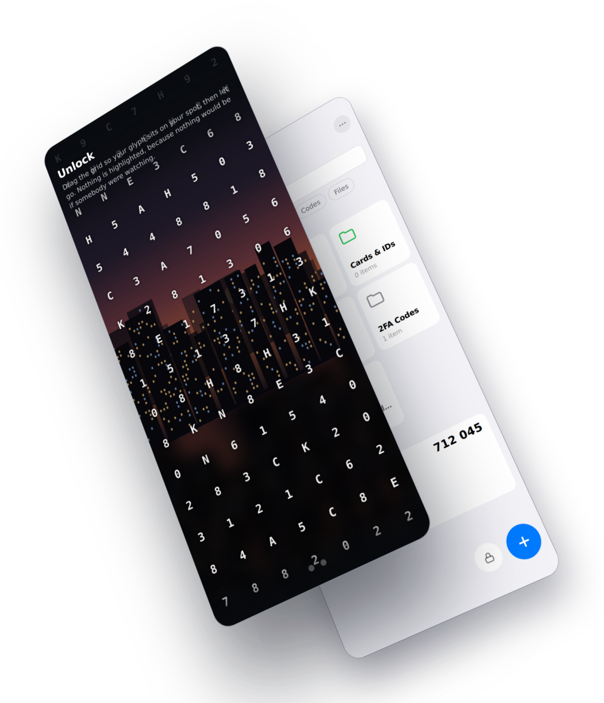 Two screens of the extension, one turned and floating in front of the other: the lock screen, a grid of letters and numbers over a photograph of a city at dusk asking you to drag your character onto your spot, and behind it the vault it opens, with folders and a two-factor code.