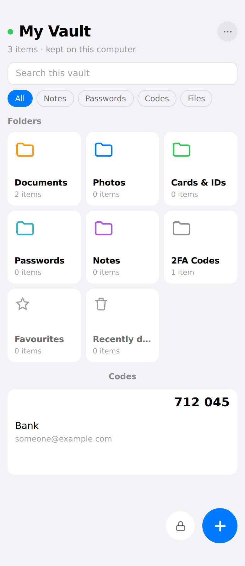 The vault's home screen: folders for documents, photos, cards, passwords and notes, with a live two-factor code beneath them.